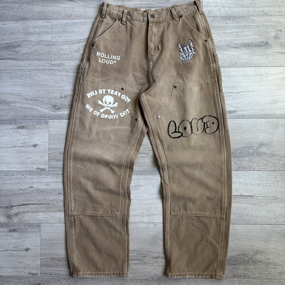 Rolling Loud Double Knee Jeans Pants Men 32x29 Canvas Carpenter $145 (RIPPED)